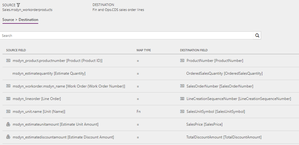 Screenshot of template mapping in Data integration for Work orders to Sales orders (Field Service to Supply Chain Management): WorkOrderProductLineEstimate.