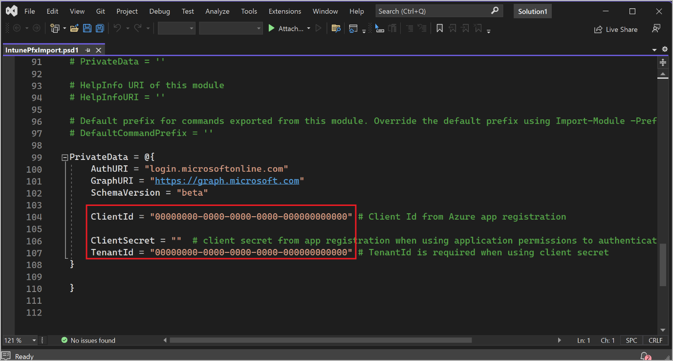 Ввод сведений о подключении в файл IntunePfxImport.psd1 Ввод сведений о подключении в файл IntunePfxImport.psd1.