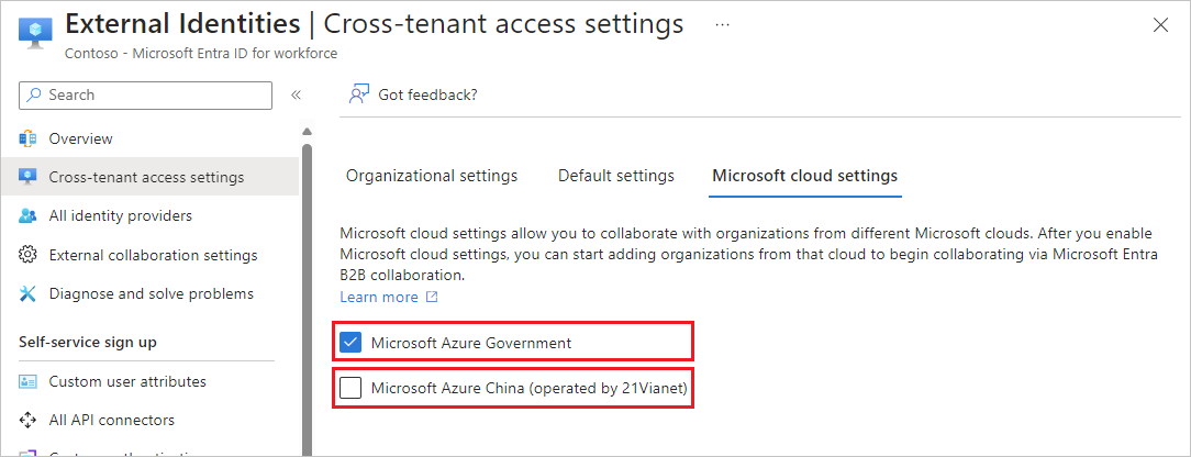 Screenshot showing Microsoft cloud settings.