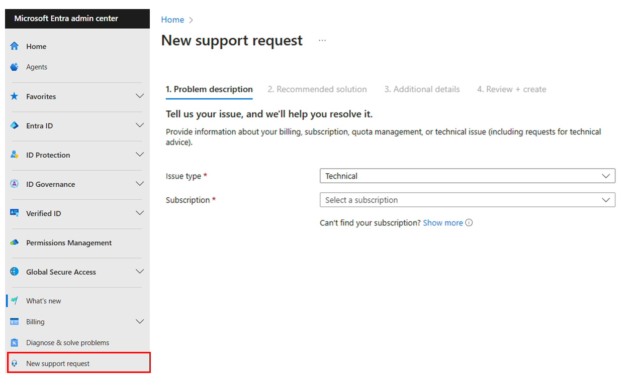 Снимок экрана меню справки и поддержки Microsoft Entra admin center.