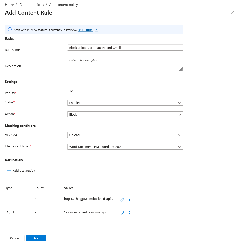 Снимок экрана: конфигурация правила политики содержимого.