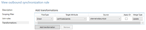 Снимок экрана: правило исходящей синхронизации для преобразования из атрибута alternateSecurityId в certificateUserIds.