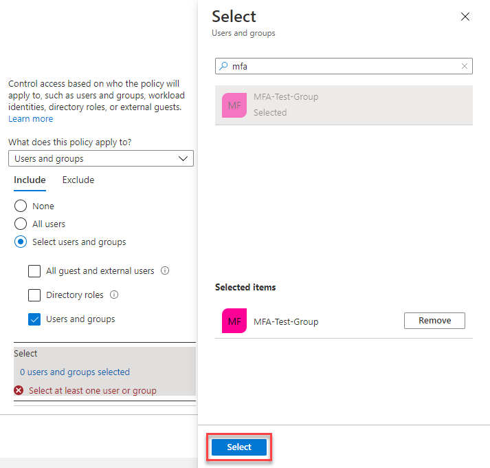 A screenshot of the list of users and groups, with results filtered by the letters M F A, and 'MFA-Test-Group' selected.