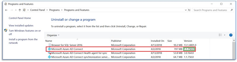 Версия Microsoft Entra Подключение в панель управления