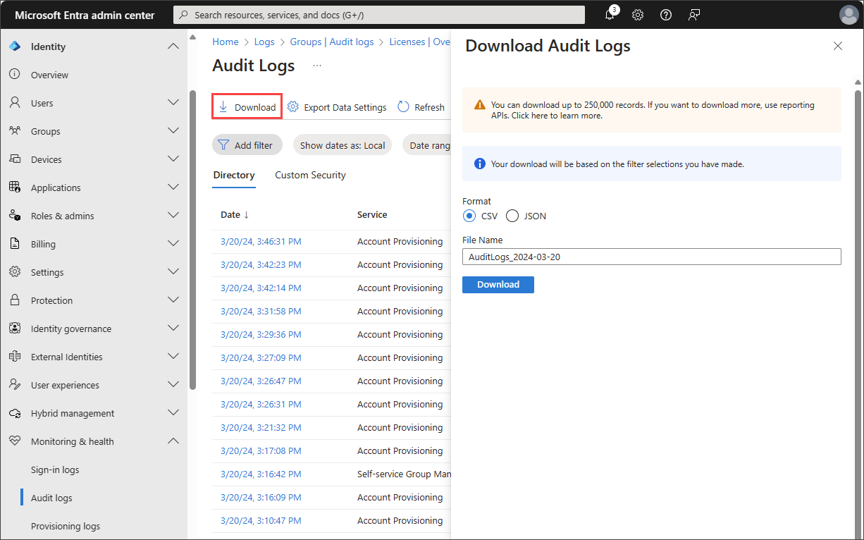 Screenshot of the audit log download process.