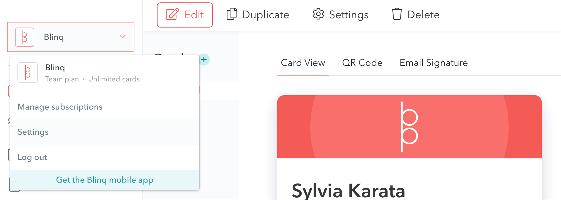 Снимок экрана: параметр параметров Blinq.