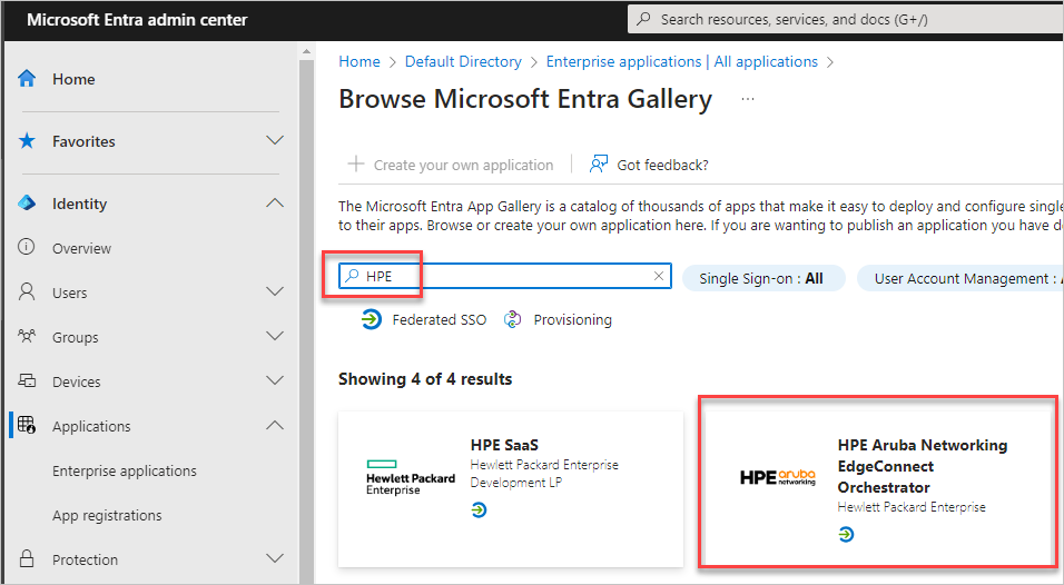 Снимок экрана: выбор HPE Aruba Networking EdgeConnect Orchestrator.