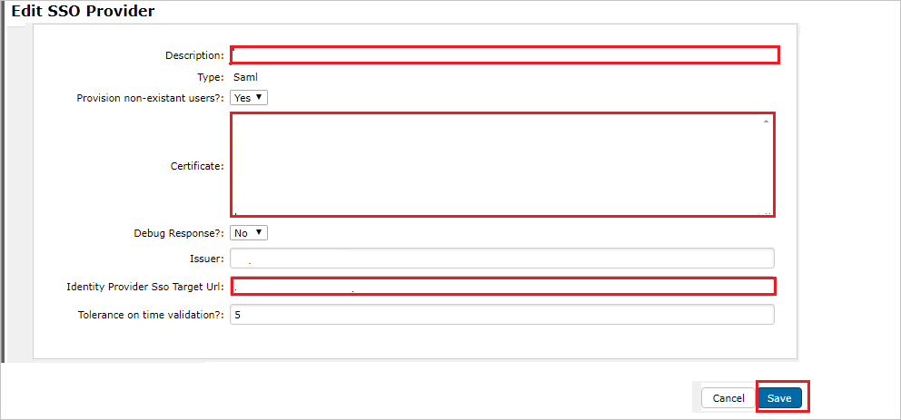 Screenshot shows Edit S S O Provider where you can enter the values described.