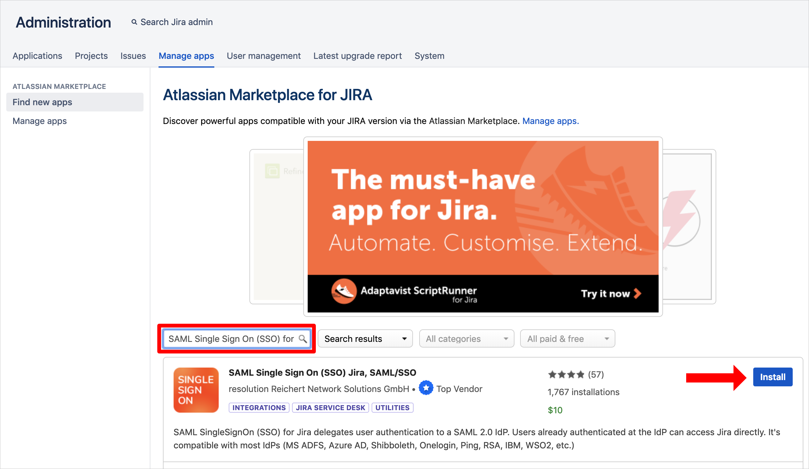 Снимок экрана: страница Atlassian Marketplace for JIRA (Atlassian Marketplace для JIRA) со стрелкой, указывающей на кнопку Install (Установить) для приложения SAML Single Sign On (SSO) Jira, SAML/SSO.