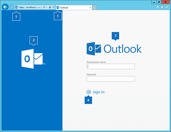 Outlook на странице входа в Интернет с вызовами элементов.