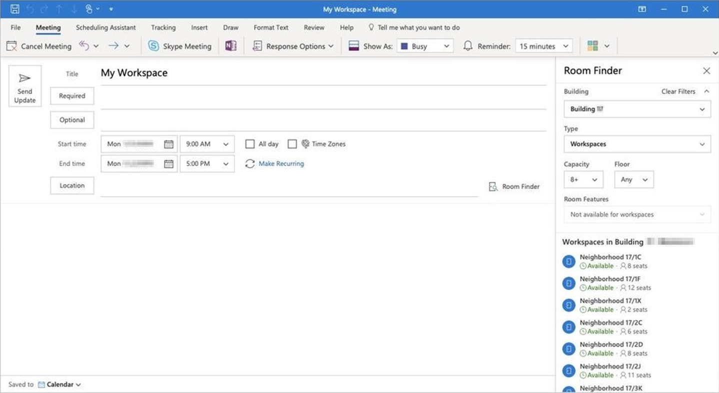 Снимок экрана: рабочая область в Outlook для Windows.