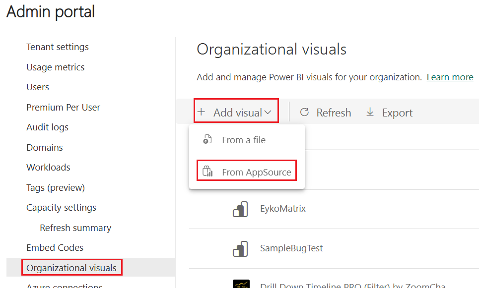 Screenshot showing the organizational visuals menu in the Power BI admin settings. The add visual option is expanded, and the from app source option is selected.