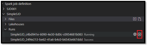 Снимок экрана: vs Code Обозреватель с новым приложением Spark, указанным в узле Запуски, и показывает, где найти параметр Отмена задания Spark.