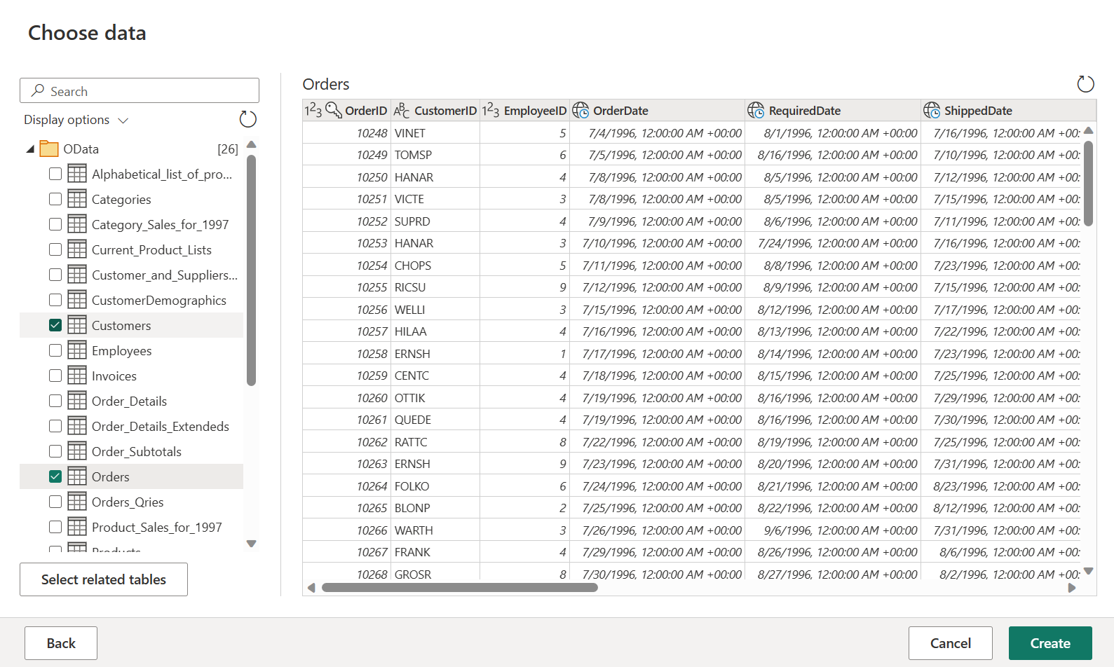 Снимок экрана: Power Query навигатор с выделенными таблицами 