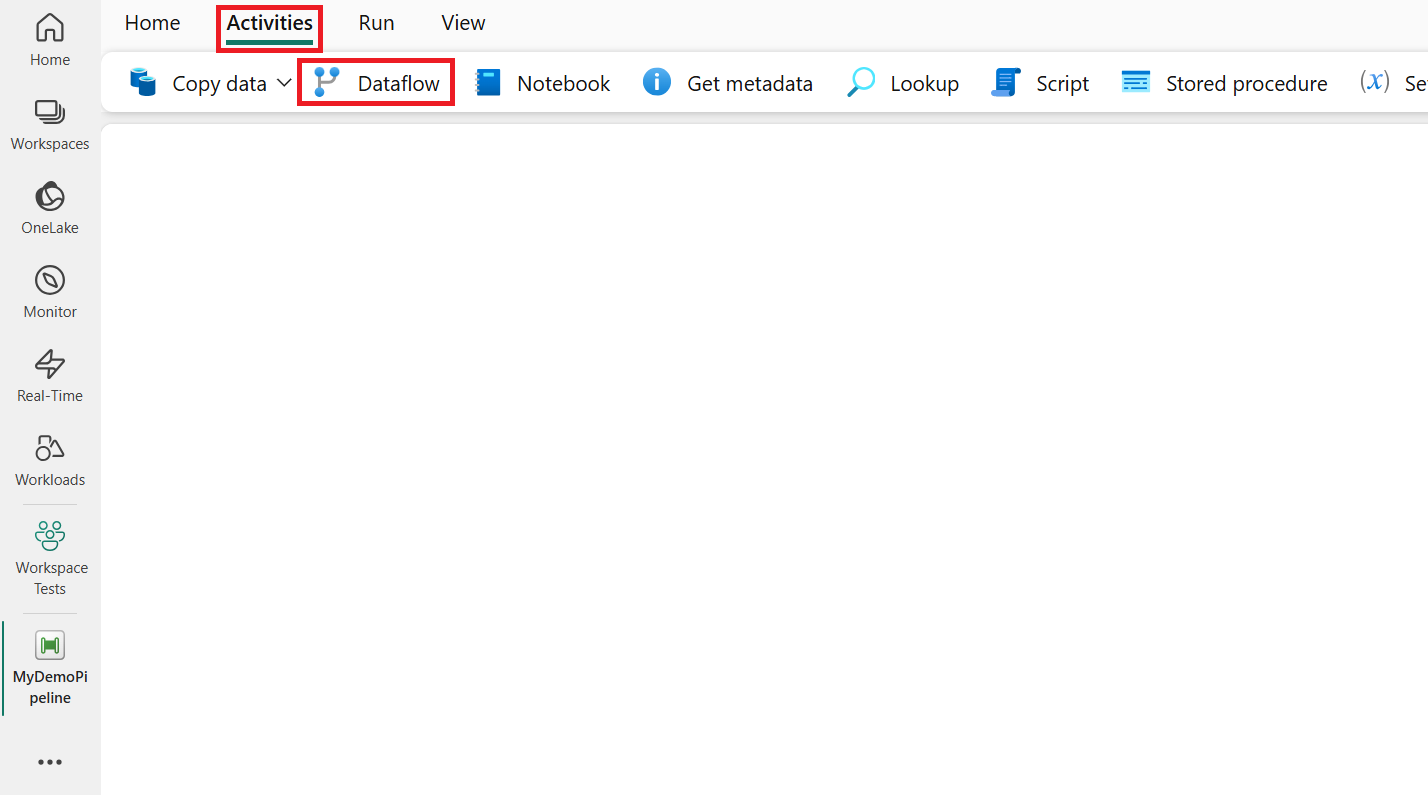 снимок экрана пользовательского интерфейса Fabric с панелью действий и выделенной активностью потока данных.