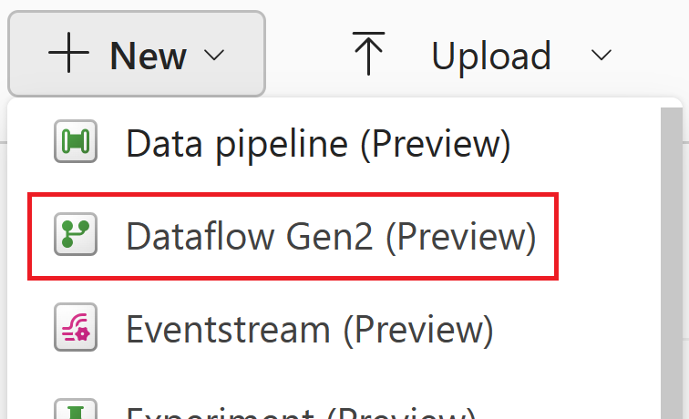 Screenshot of the Dataflow Gen2 selection under the new menu.