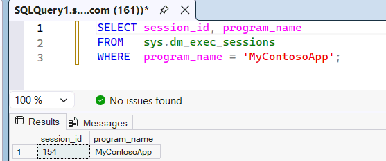 Скриншот из SQL Server Management Studio, показывающий результаты запроса на sys.dm_exec_sessions и сессию, обозначенную именем программы MyContosoApp.