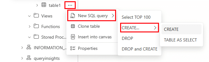 Снимок экрана из портала Fabric, показывающий, как создать T-SQL-скрипт для объекта базы данных.