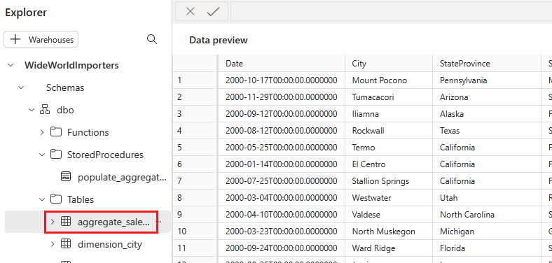 Screenshot of the Explorer pane next to a Data preview screen that lists the data loaded into the selected table.