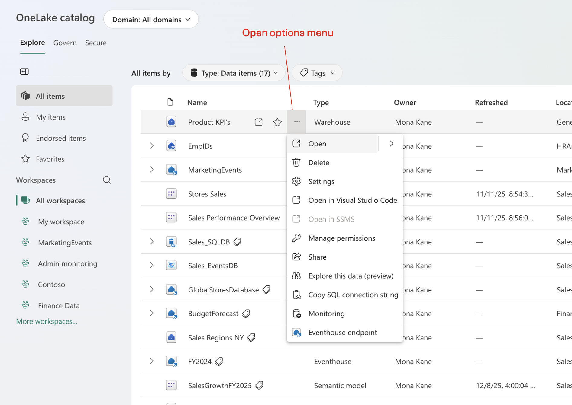 Снимок экрана меню параметров элемента в каталоге OneLake.