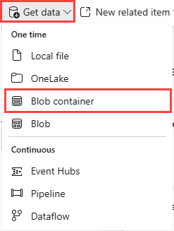 Снимок экрана: получение данных с контейнером BLOB-объектов, выбранным в Real-Time Analytics.