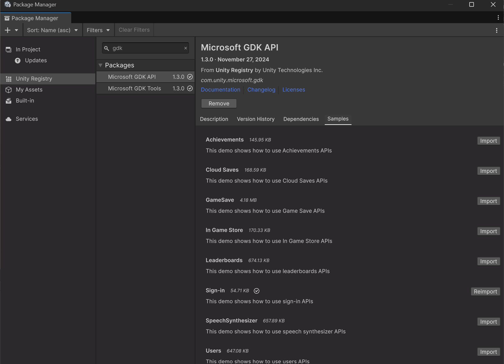 Samples tab within the Microsoft GDK API entry in the Unity Registry once downloaded