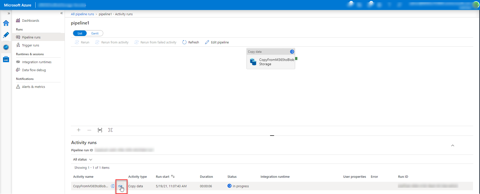 Снимок экрана: пользовательский интерфейс портала Azure для выполнения действий фабрики данных. Пользователь выбирает googles в имени действия, чтобы открыть вкладку сведений.