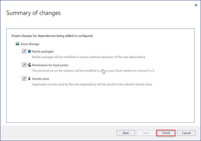 Снимок экрана интерфейса Visual Studio, на котором показана сводка по настройке службы хранилища Azure.