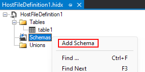 Screenshot shows main design view, Schemas shortcut menu, and selected option for Add Schema.