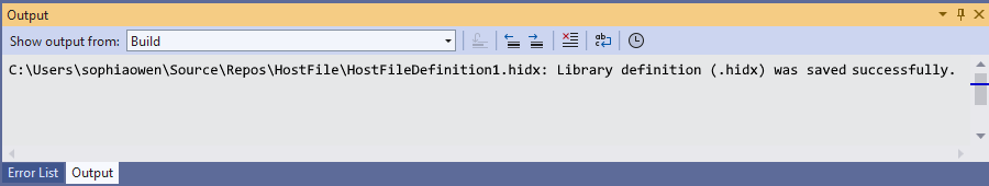 Screenshot shows Visual Studio Output window with HIDX file location.