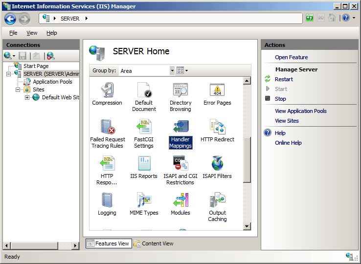 Снимок экрана: окно диспетчера I IS с домашней страницей сервера. Выделен значок сопоставления обработчиков.