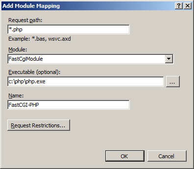 Снимок экрана: диалоговое окно добавления сопоставления модулей с выбранным модулем Fast C G I в раскрывающемся списке Модуль.
