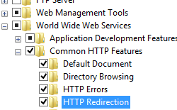 Снимок экрана: дерево навигации служб IIS. Параметр World Wide Web Services будет развернут. Развернуты общие функции H T P и выбрано перенаправление H T T P.