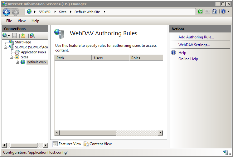 Снимок экрана с панелью Действий на экране WebDav Authoring Rules (Действия) с фокусом на параметре Add Authoring Rule (Добавить правило разработки).