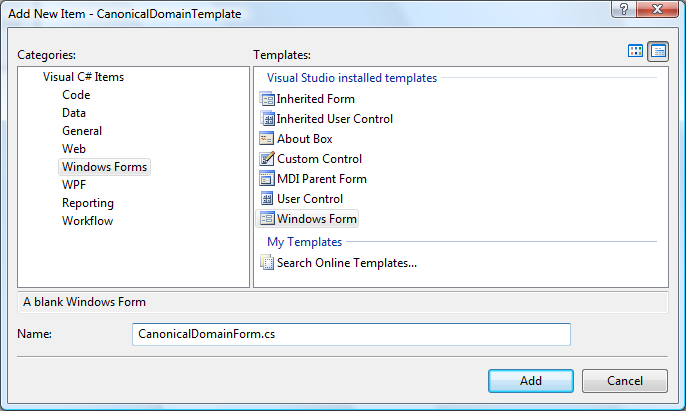 Снимок экрана: диалоговое окно добавления нового элемента с выбранным шаблоном Формы Windows Forms.