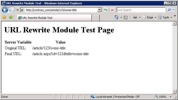 Снимок экрана: веб-страница тестирования модуля перезаписи U R L.