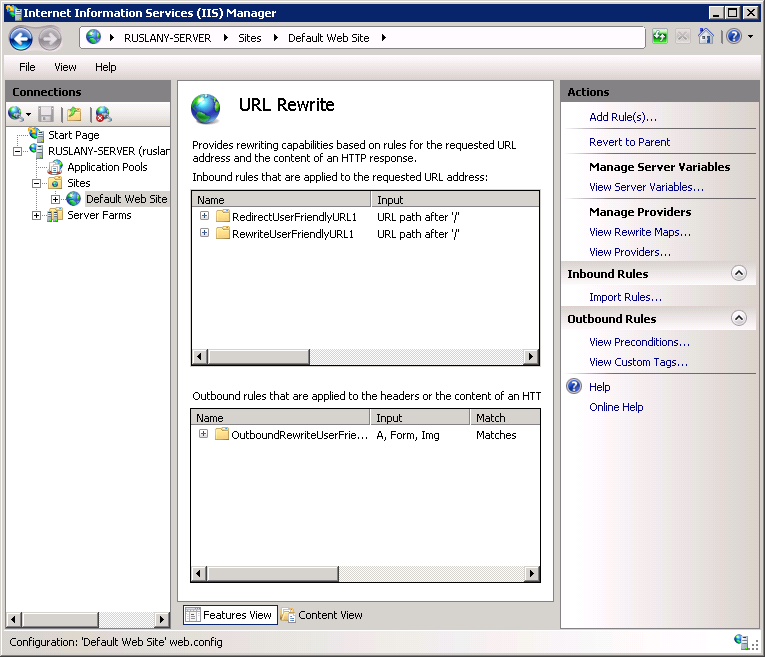 Снимок экрана: окно диспетчера I IS, отображающее страницу переопределения URL-адреса. Отображаются правила для входящего и исходящего трафика.