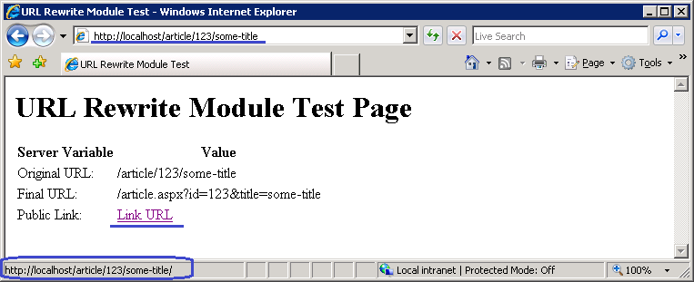 Снимок экрана: окно браузера со страницей теста модуля переопределения URL-адреса. Перенаправленный URL-адрес обведен.