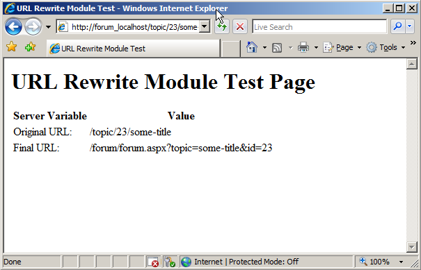 Снимок экрана: страница теста модуля переопределения U R L. Строка U R L изменилась.