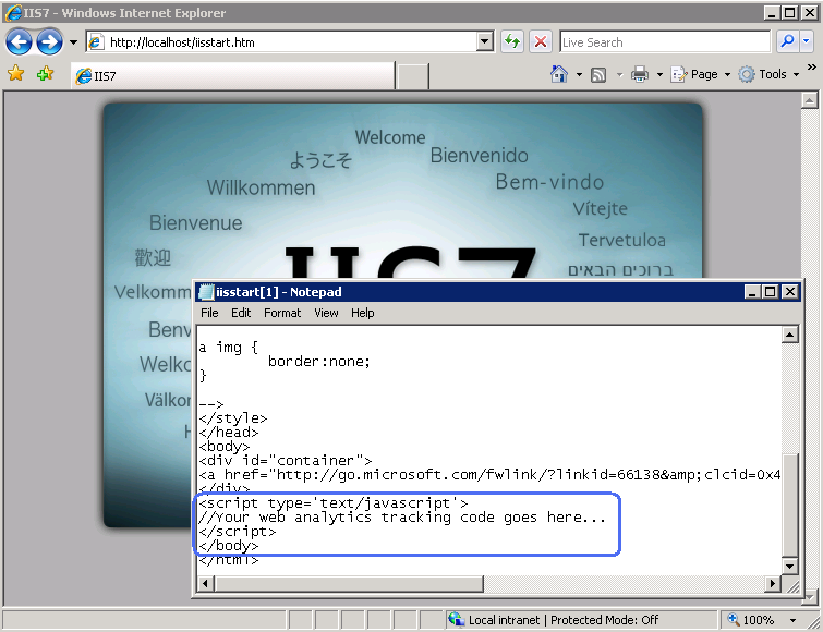 Снимок экрана: окно I I S 7 с блокнотом с кодом JavaScript.