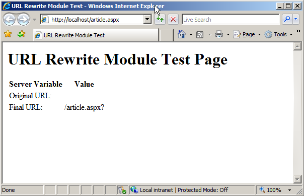 Снимок экрана: тестовая страница, отображаемая в браузере.