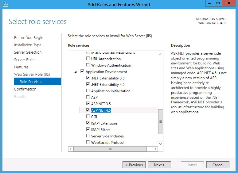 Снимок экрана: список функций служб ролей с выделенной точкой S P dot NET 4 5 проверка и выделен.