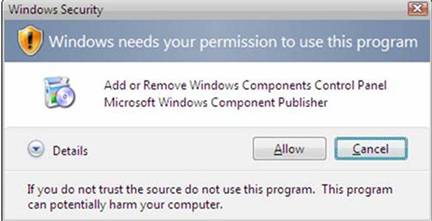 Снимок экрана: диалоговое окно Безопасность Windows оповещений. Предупреждение говорит, что Windows нуждается в вашем разрешении на использование этой программы. Кнопка 