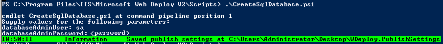 Снимок экрана: консоль PowerShell с скриптами и выходными данными для создания базы данных S Q L.