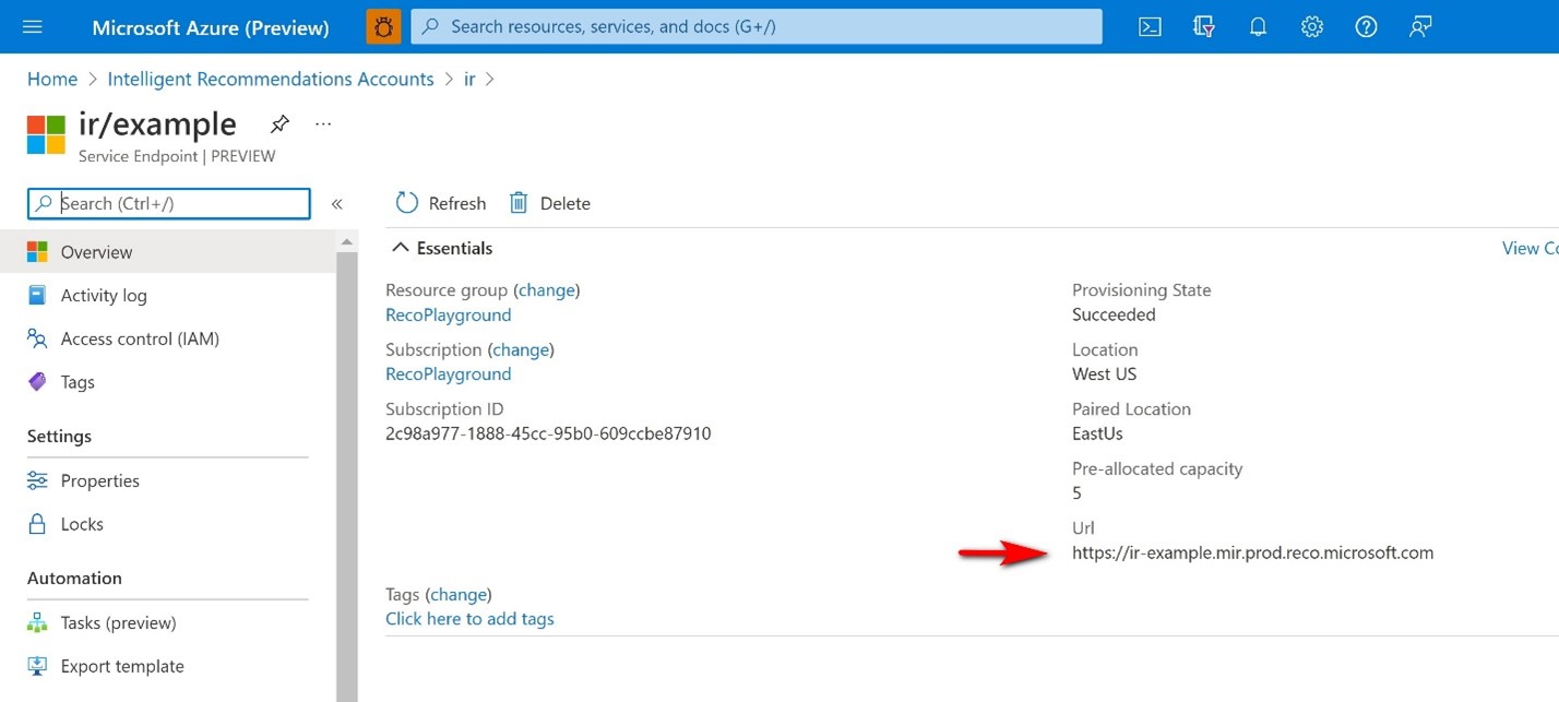 Locate the service endpoint URL under the properties of the endpoint resource.