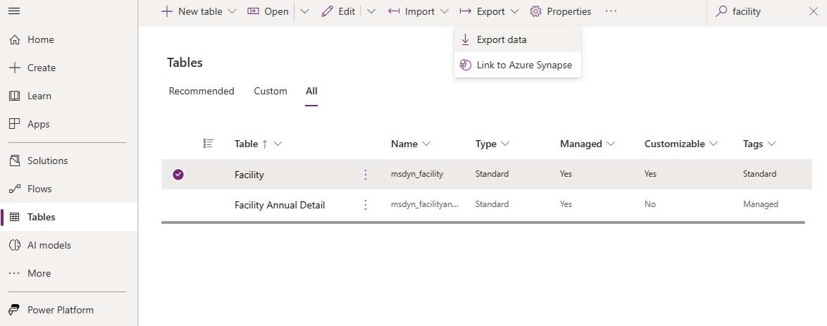 Снимок экрана, показывающий экспорт данных для таблицы объектов.