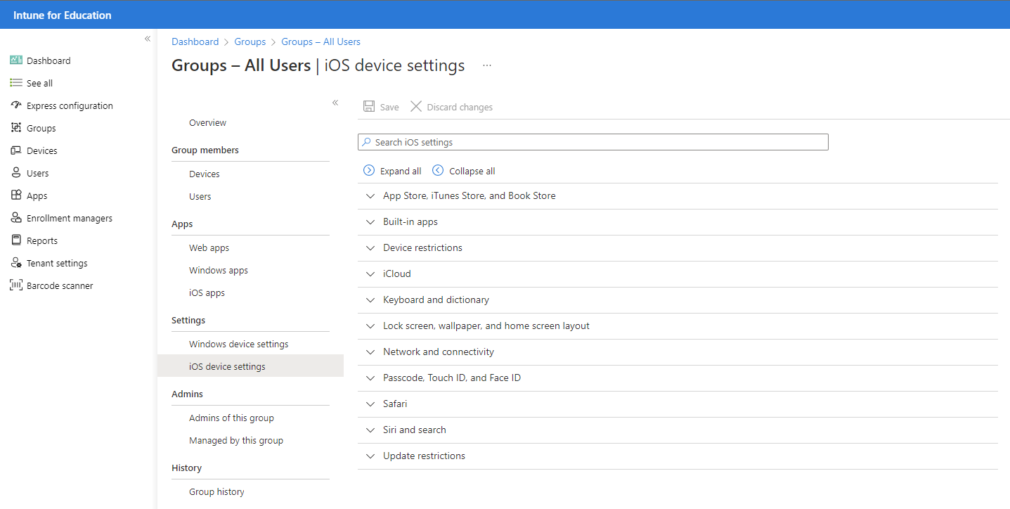 Все параметры устройства iOS - Intune for Education | Microsoft Learn