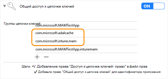 пакет SDK для приложений Intune iOS: общий доступ к цепочке ключей