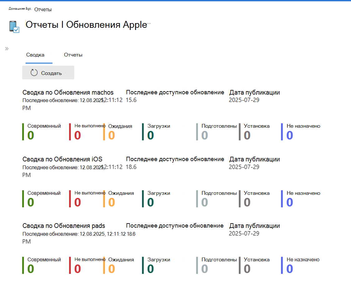 Снимок экрана с представлением сводки по обновлению программного обеспечения Apple.