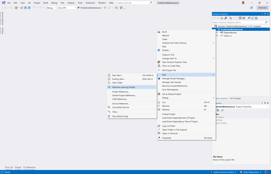 Screenshot that shows selections for adding a machine learning model to a project.